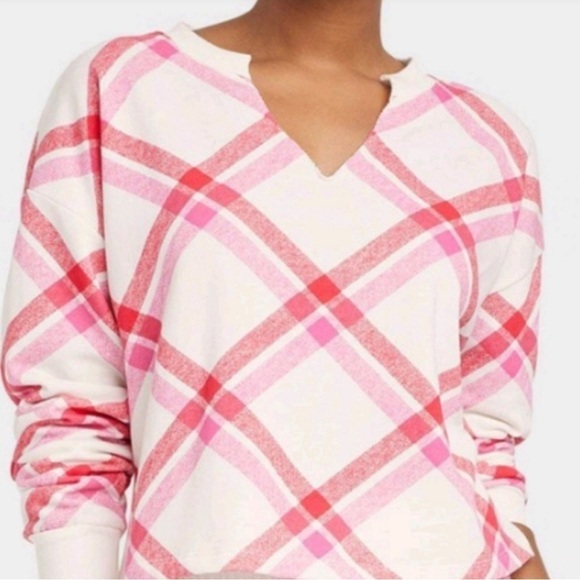 Colsie‎ Cozy Plaid Sweatshirt Loungewear V Neck Long Sleeve Pullover Top Small - Picture 9 of 10